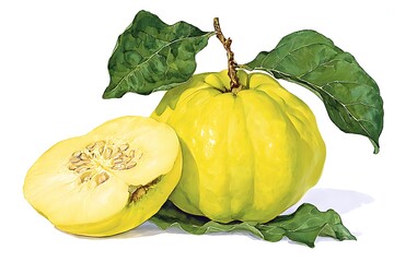 Rendered quince vibrant, whole fruit and sliced half revealing seeds, on green leaves against a white background