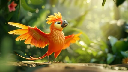 Cheerful animated orange bird with open wings and expressive face standing on a branch in a lush jungle