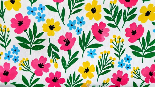 Cheerful floral pattern with pink, yellow, and blue flowers
