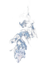 Swirling plume of smoke billowing upwards with some thicker more defined shapes in the middle and lighter at the bottom and wispy at the top on a uniform background