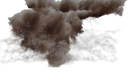 Isolated large cloud of brown smoke or dust from the end of a massive explosion with a lighter inner section on a white background