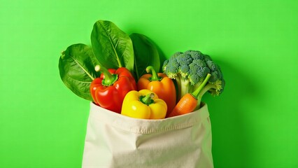 Fresh Vegetables in Reusable Bag on Green Background