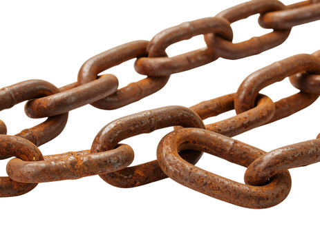 Rusty metal chain link on white background.