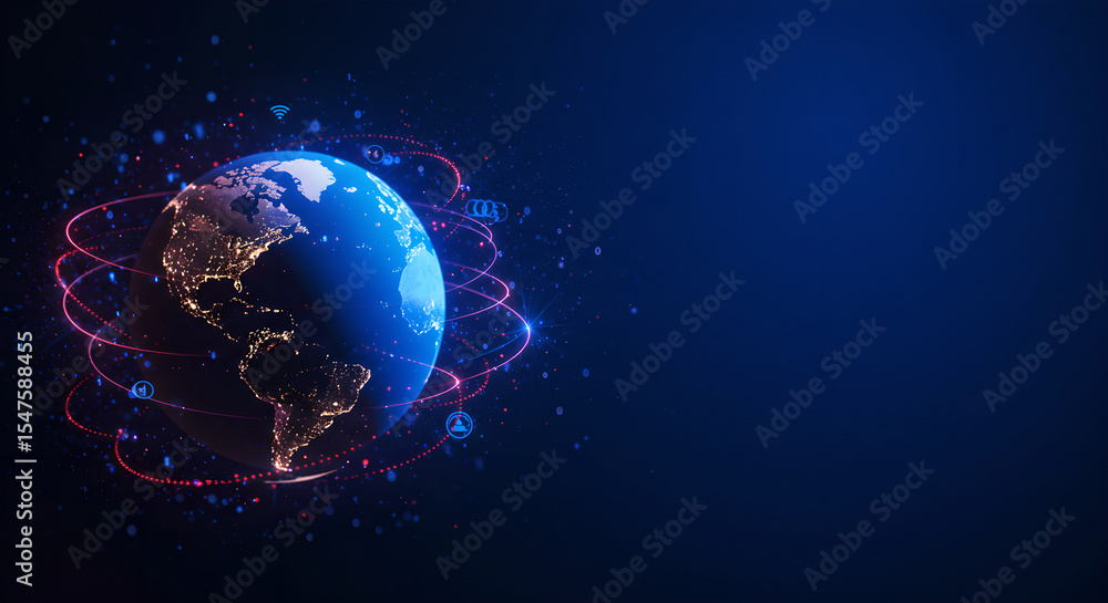 Poster digital world map with red connection lines across continents. global network concept for internet c