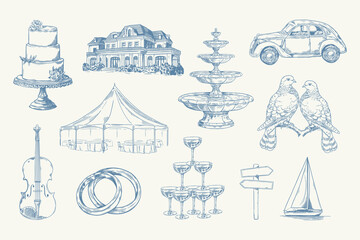 Toile de Jouy inspired wedding timeline illustration. Wedding hand dawn ceremony icon. Elegant line art minimalist venue sketch. Elements for wedding, monogram, invitation, greeting, birthday card.