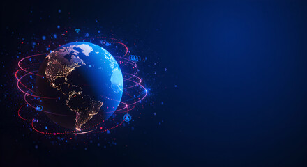Fototapeta premium Digital world map with red connection lines across continents. Global network concept for internet communication and data exchange.