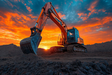 Bulldozer excavator moving dirt on active site for roadwork and urban construction development