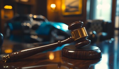 A wooden gavel and car models on the table, with a blurred background of an accident scene in a living room