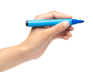 Hand holding a blue marker for creativity.