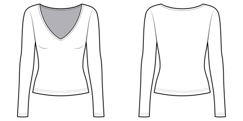 Women's V Neck Slim Fit Long Sleeve - Technical Illustration-Front and Back View- Cad/ Vector Illustration
