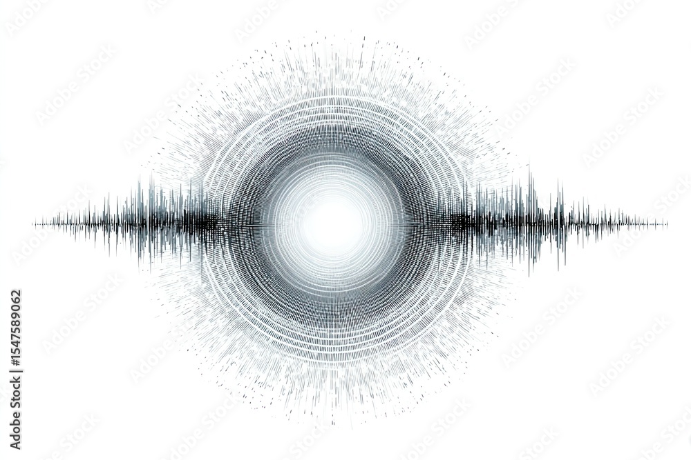 Poster abstract circular sound wave visual representation against clean white backdrop