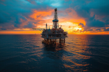 Oil rig in open sea showcasing offshore drilling platform for petroleum and gas industry concept
