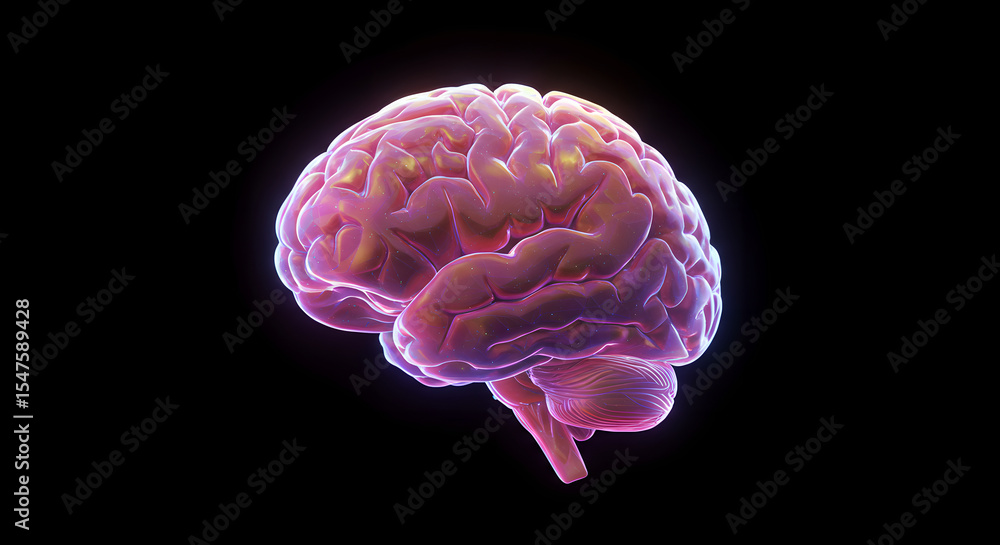 Poster human brain illuminated with futuristic neon glows. artificial intelligence concept, machine learnin