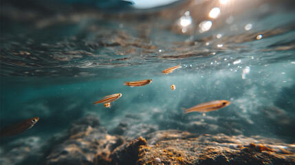 Underwater close-up of small fish swimming in clear water