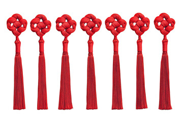Eight red Chinese knot tassels isolated on transparent background