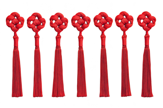 Eight red Chinese knot tassels isolated on transparent background