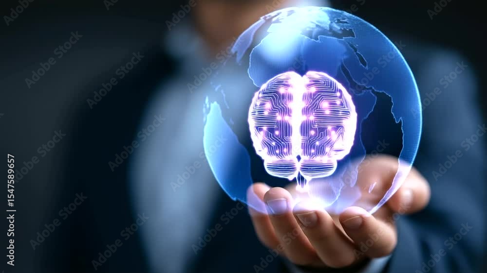 Poster a businessman presents a digital ai brain circuit amidst a dynamic big data backdrop.
