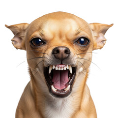 Angry chihuahua dog growling with teeth showing isolated on transparent background