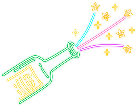 Neon Glow Champagne Bottle with Stars Illustration