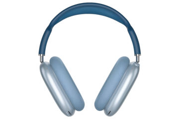A pair of over-ear headphones with a sleek design in blue and silver colors.