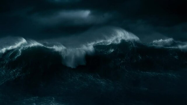 A dark stormy sea with waves under a night sky