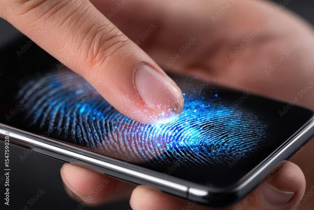 Poster user engages with a touchscreen device utilizing fingerprint recognition for security purposes