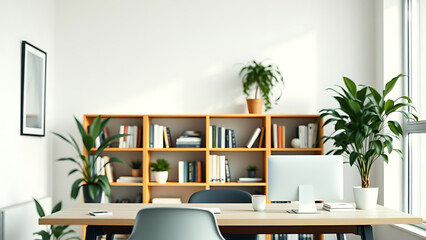 A zoom background photo of a minimalist modern office with a bookshelf and plants