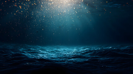 Wide underwater ocean view with floating particles and haze 