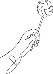 One continuous single drawing line art flat doodle lollipop, candy, fun, food, sweet, swirl, holding, hand, dessert. Isolated image hand draw contour on a white background, hand drawn, not AI