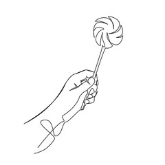 One continuous single drawing line art flat doodle lollipop, candy, fun, food, sweet, swirl, holding, hand, dessert. Isolated image hand draw contour on a white background, hand drawn, not AI