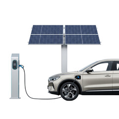 Electric car charging at a solar panel station isolated on transparent background