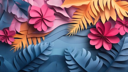 Exotic flowers and leaves in a playful paper cut style ideal for backgrounds and decorative projects