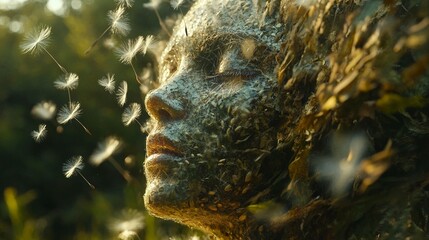 Close-up portrait of a woman with a textured face, surrounded by dandelion seeds