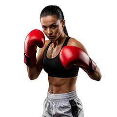 Female boxer with red gloves in fighting stance isolated on transparent background