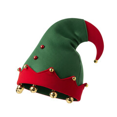 Festive elf hat with jingle bells isolated on transparent background for christmas holiday