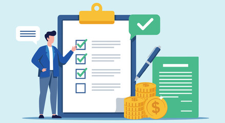 Financial Checklist and Budget Management: Man Reviewing Checklist with Coins, Pen, and Document for Expense Tracking, Financial Planning, and Investment Goals