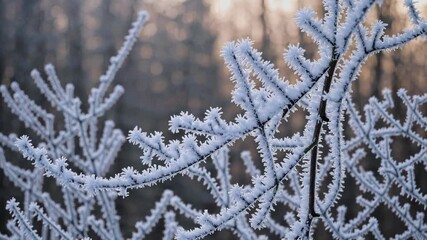 Close up view of frosty branch. Frosted branch of tree in winter. A frozen icy cold is a delicate ice cream outside. A detailed view of a frozen branch lifestyle. - Powered by Adobe
