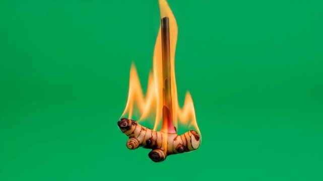 Galangal Root Burning in Flame - A galangal root is engulfed in flames against a vibrant green screen background.