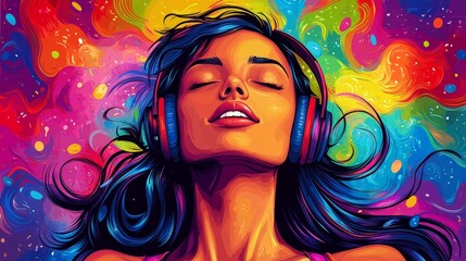 Colorful background with a happy woman listening to music on headphones, enjoying the rhythm and  the joy of sound, Generative AI