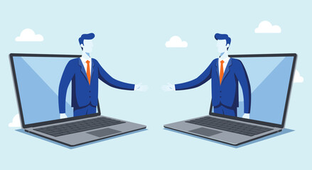 Online Business Collaboration and Virtual Partnership: Two Businessmen Reaching Out from Laptops for Digital Handshake, Representing Remote Work and Global Deals