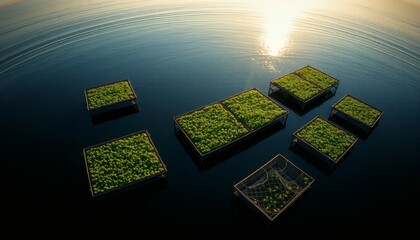 Aerial View of Floating Green Farms on Calm Water Surface with Sunlight