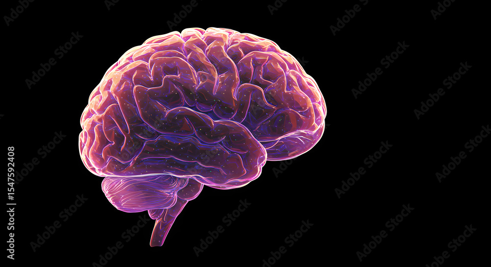 Poster transparent human brain with glowing neurons. artificial intelligence and neural network concept. fu