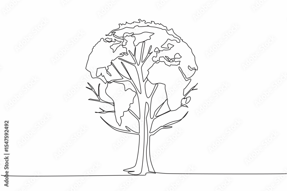 Poster single one line drawing a tree whose leaves form a globe. a sign. symbolism. a dense tree is good fo