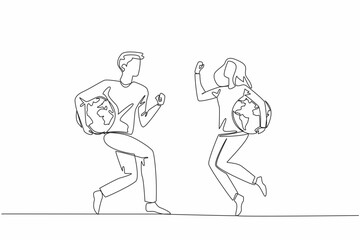 Continuous one line drawing a man and woman jump while holding a globe together. Connects enthusiasts worldwide with same passion. We Jump The World Day. Single line draw design vector illustration