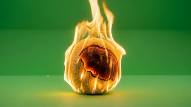 Burning Cantaloupe on Green Screen - A cantaloupe engulfed in flames sits on a green screen. The fire highlights the fruit's texture and partially chars its surface.