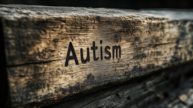 The word "Autism" carved into a wooden bench, symbolizing awareness and support. The image conveys a message of understanding and inclusion.