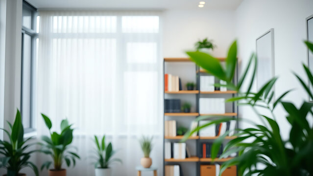 A zoom background photo of a minimalist modern office with a bookshelf and plants
