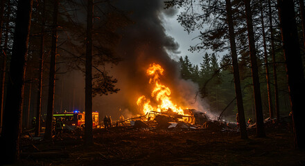 Firefighters working at a plane crash site in a dark forest, battling a large fire. Emergency response and disaster relief concept.