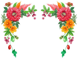 水彩で描いた秋の花の上部コーナーフレーム