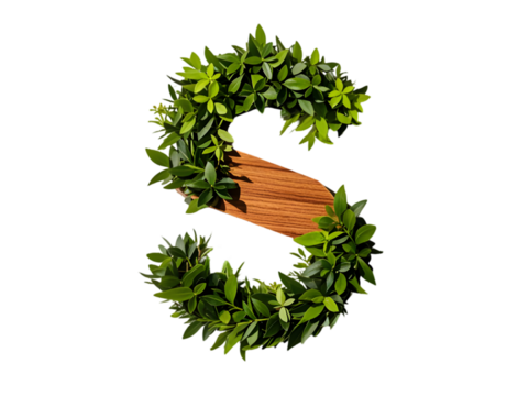Green Leaves Forming Letter S with Wooden Element High Quality 4k Photo Image Stock Download isolated on a transparent background
